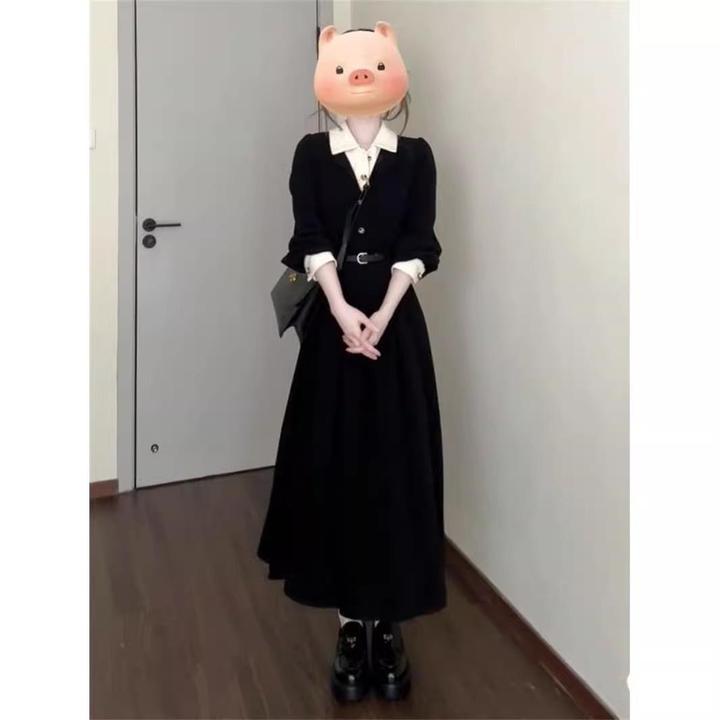 淳启大尺码胖mm春季黑色假两件长袖洋装女收腰高级减龄中长版裙子
