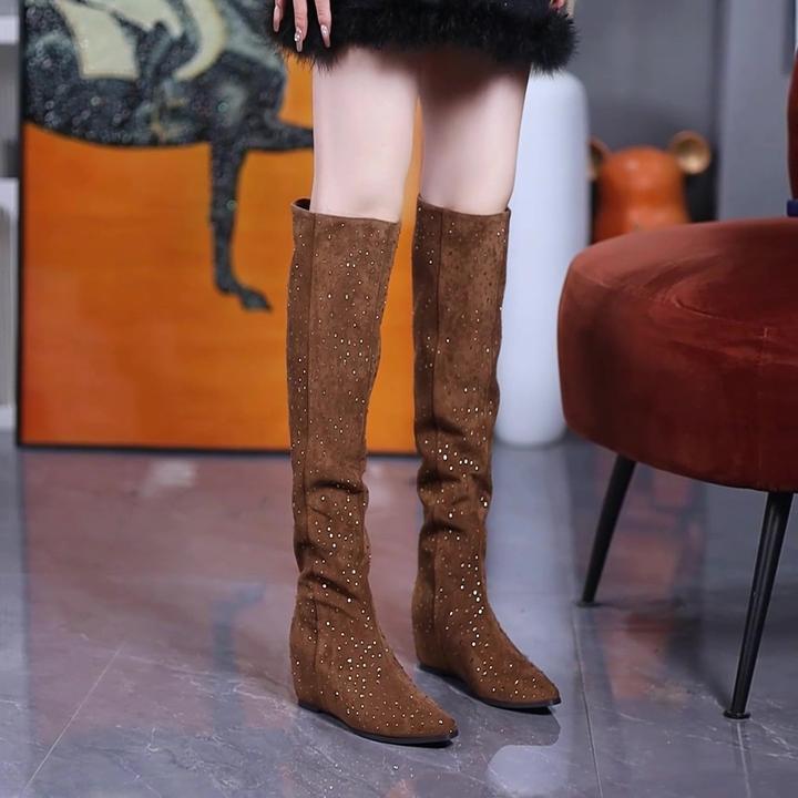 6cm内增高大筒围过膝靴2025尖头两穿长靴水钻气质百搭高筒堆堆靴
