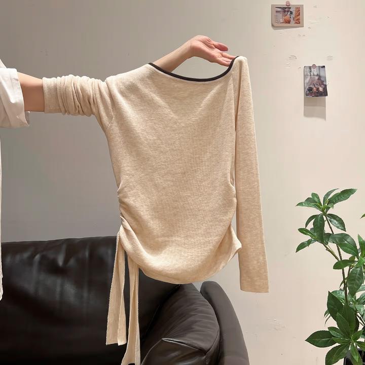 小婉薇 性感斜领露肩褶皱绑带针织衫长袖打底内搭秋季新款穿搭女