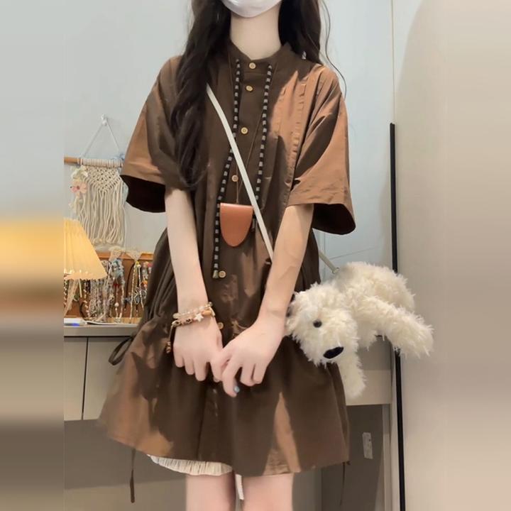日系复古立领衬衫连衣裙子女夏季2025新款休闲慵懒学院风a字短裙