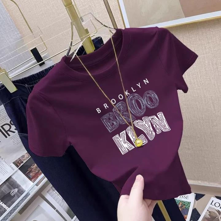 欧货韩系正肩紫色t恤女短袖2025夏季新款显瘦印花上衣短款百搭