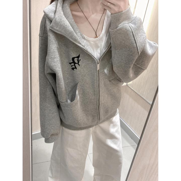 美式简约设计感字母印花开衫连帽卫衣男女秋冬季休闲情侣拉链外套