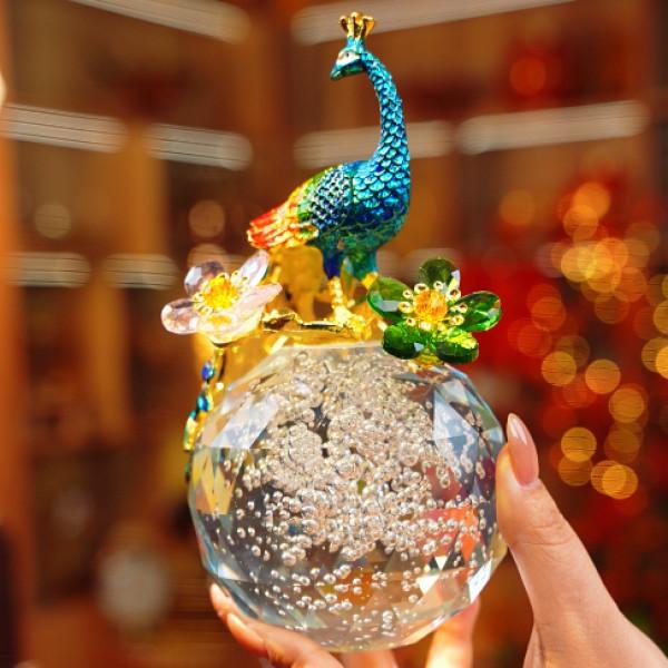 孔雀水晶球家饰珐琅彩工艺品富贵摆件家居装饰酒柜摆设乔迁礼品