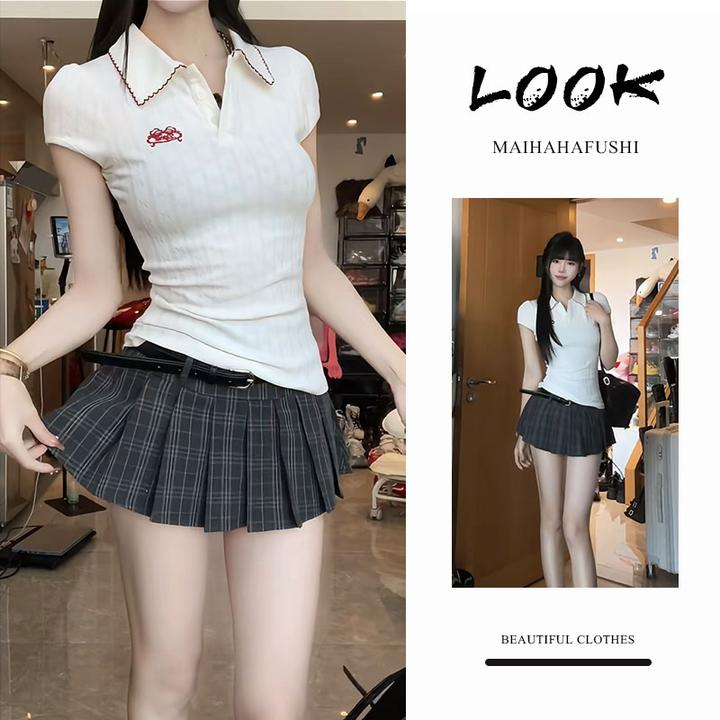 夏季一整套女装2025新款韩版POLO显瘦领短袖上衣格子百褶短裙套装