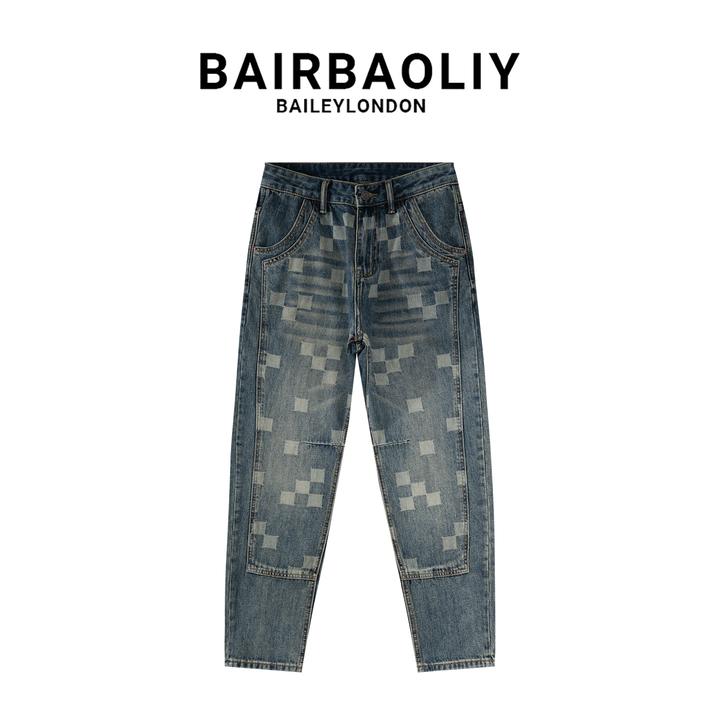 BAIRBAOLIY美式潮牌牛仔裤男士立体拼接设计感棋盘格锥形小脚长裤