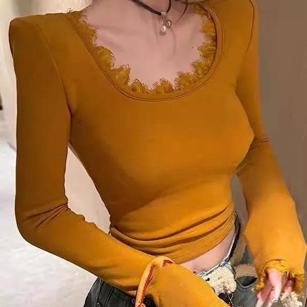 纯欲风加绒蕾丝花边u领长袖T恤女冬季新款小众修身显瘦打底衫上衣