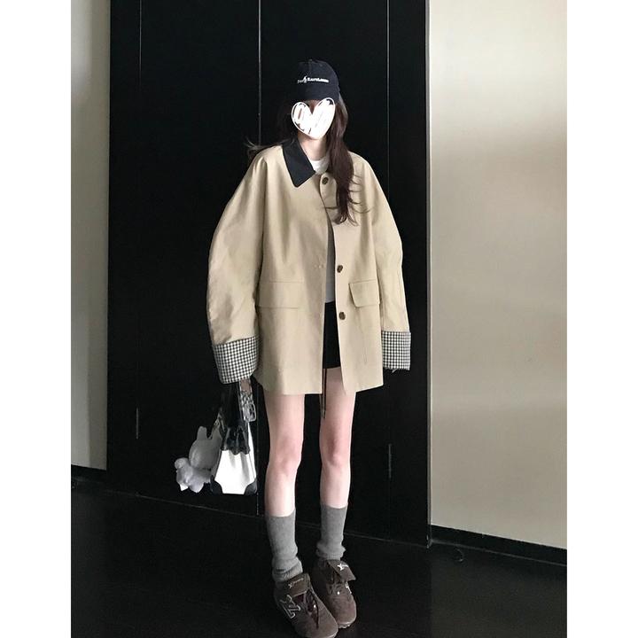 美丽大方~2025早秋新款穿搭英伦风中长款卡其色撞色拼接宽松外套