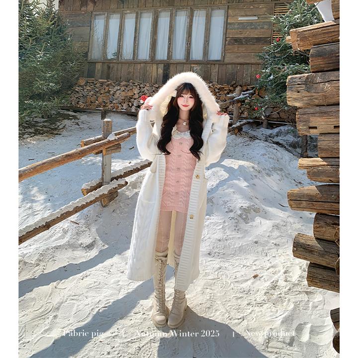 桃桃雪芙 织物猪原创 甜美风时尚保暖秋冬女百搭白色长款毛织外套
