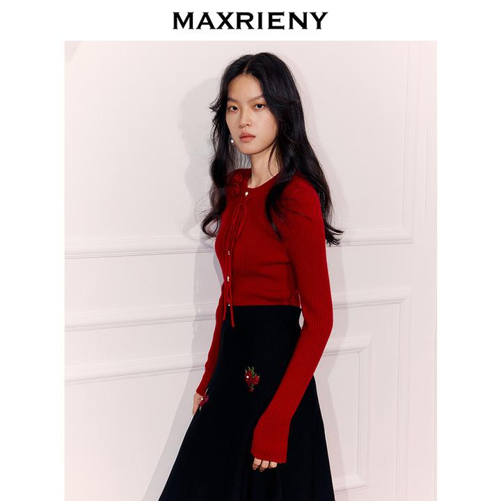 MAXRIENY浓郁红土色穿搭毛针织衫25冬款羊毛打底衫修身长袖上衣