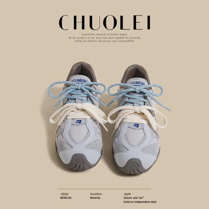 蓝色德训鞋女2025春夏季新款双鞋带设计感复古透气阿甘运动老爹鞋