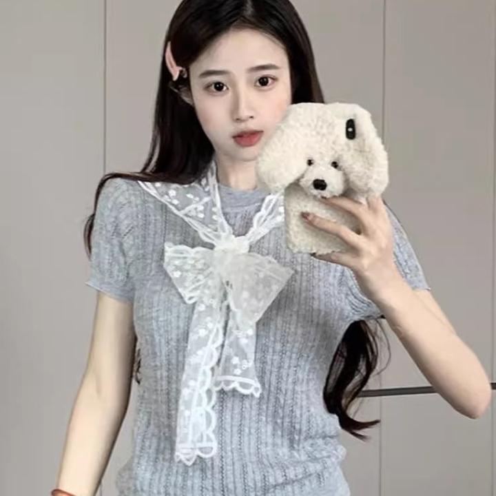 2025灰色配蕾丝披肩针织衫短袖t恤女夏季小个子短款正肩上衣