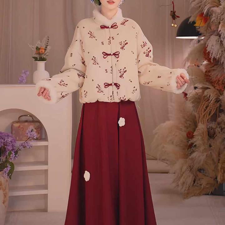 古风氛围感套装女2025冬季新中式国风盘扣棉服外套加绒半裙两件套