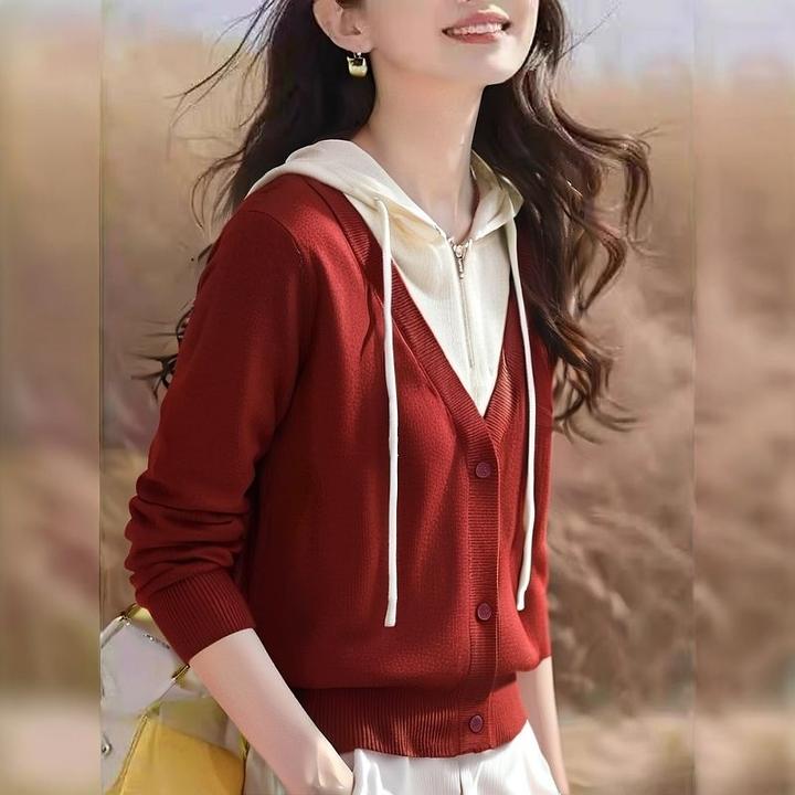 【现货直发】复古红色设计感假两件拼接连帽针织衫简约百搭气质上衣