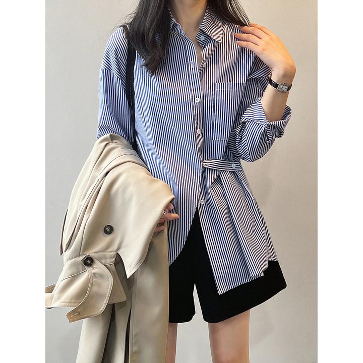 法式新款条纹衬衣女春季长袖拼接设计感收腰后开叉口袋衬衫