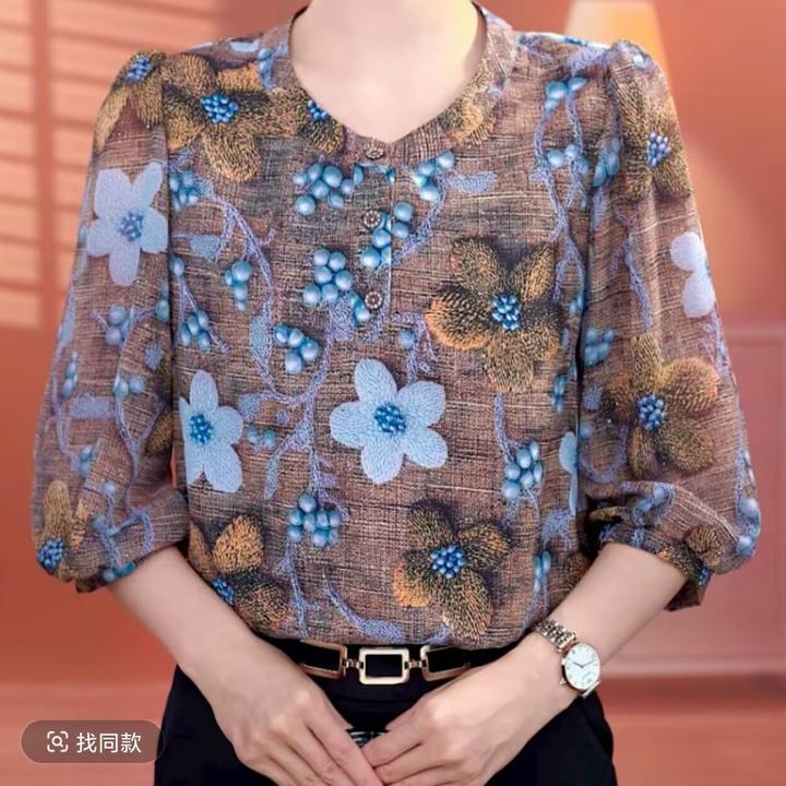 【洒银】夏天薄款冰丝衬衫2025新款中年妈妈显瘦宽松透气七分袖上衣