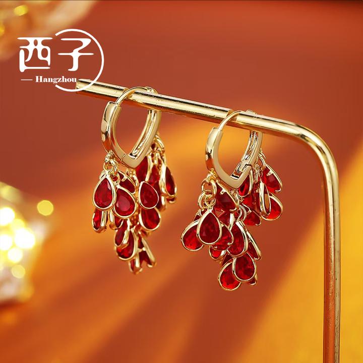 西子饰品镀18K金【鸿运水滴流苏耳扣】高级感2025爆款手工款耳环女