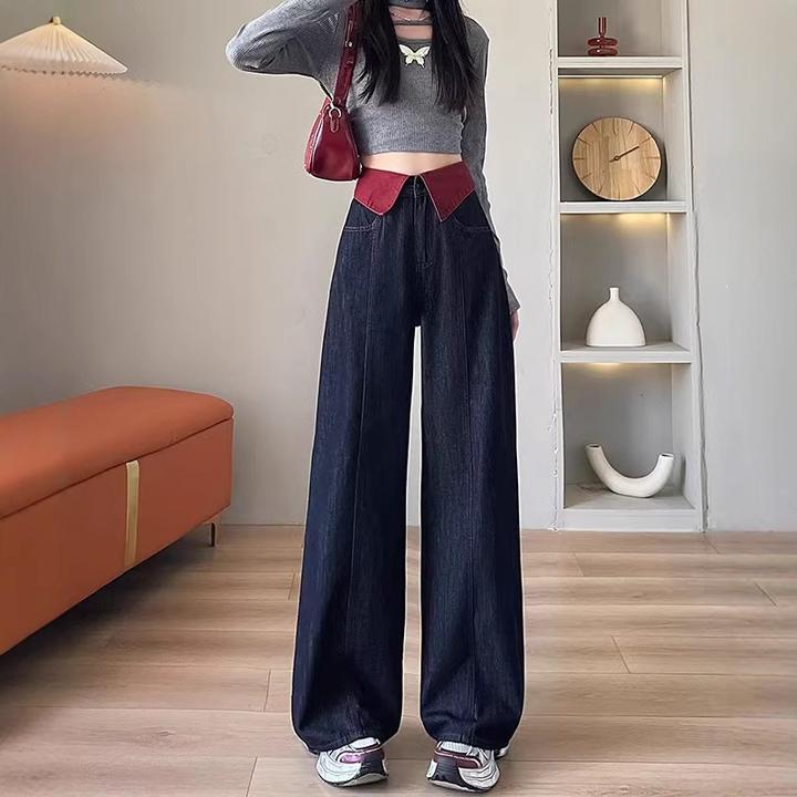 慵懒风撞色高腰阔腿牛仔裤女2025秋季新款宽松显瘦翻边窄版直筒裤