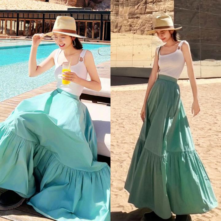 Miss Judy唐艺昕同款时尚白色针织背心搭配大摆A字半身裙两件套春