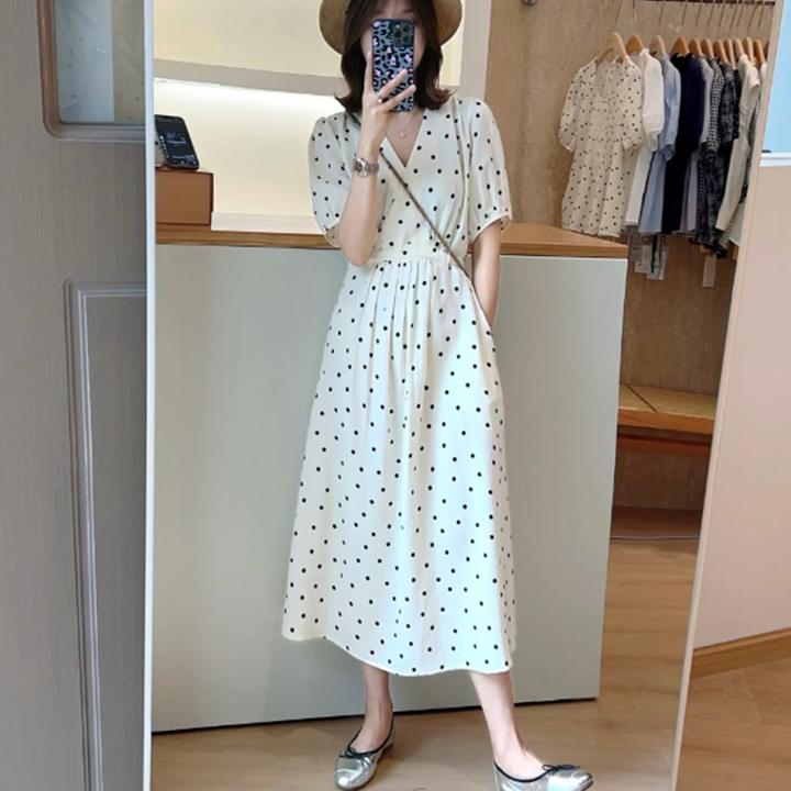 韩版气质波点连衣裙25年夏季新款高腰显瘦减龄通勤V领中长款裙子