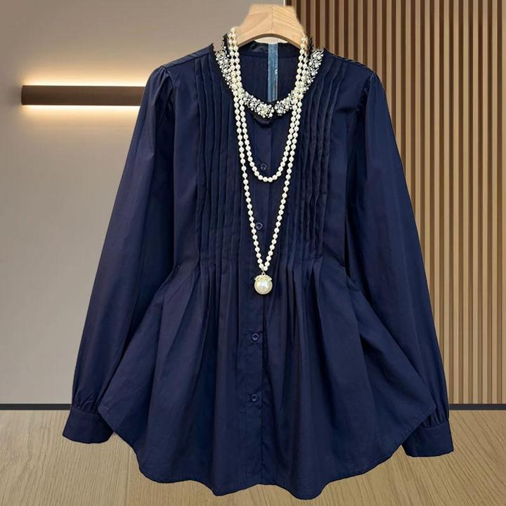 霖优爆款重工镶钻衬衫女士褶皱气质设计感泡泡袖衬衣长袖上衣春秋