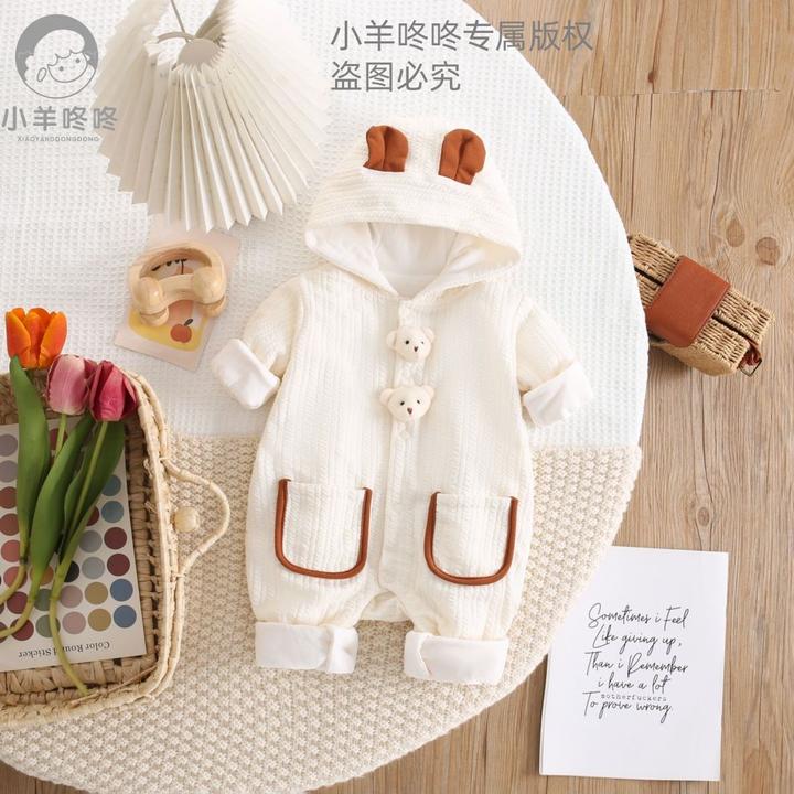 春秋新款男女宝宝双层两只立体小熊连帽耳朵哈衣外出服爬爬服