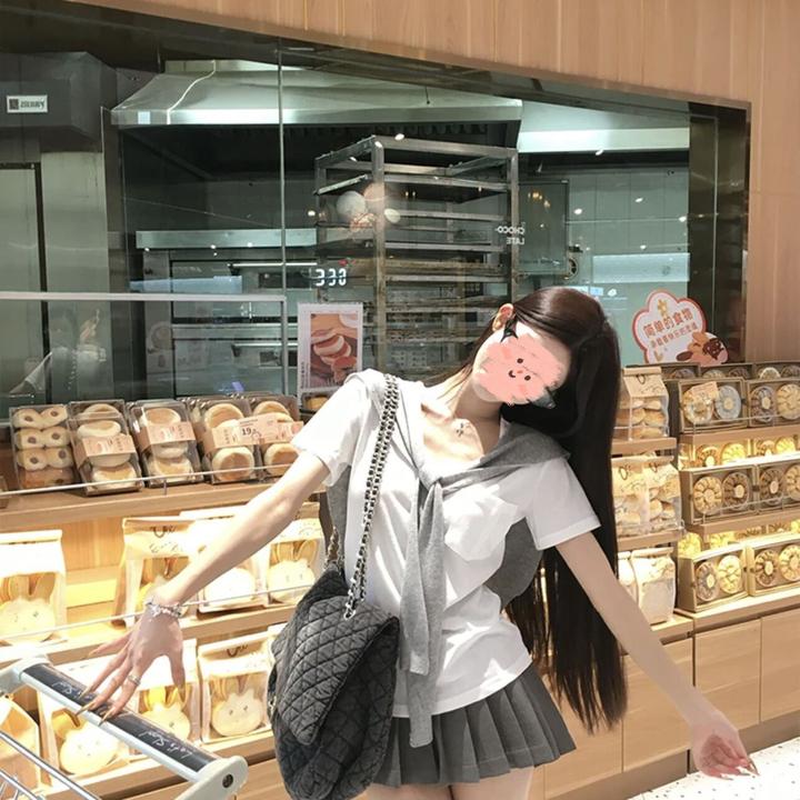 韩里韩气～清凉透气口袋套头百搭纯色短袖T恤披肩裤裙三件套