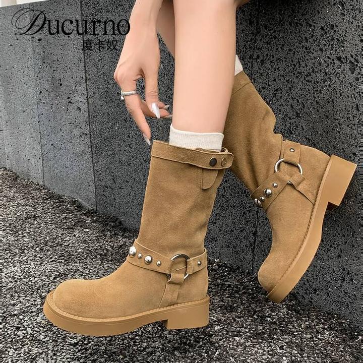 DUCURNO百搭圆头厚底金属扣马丁靴女潮酷西部堆堆靴时尚机车短靴