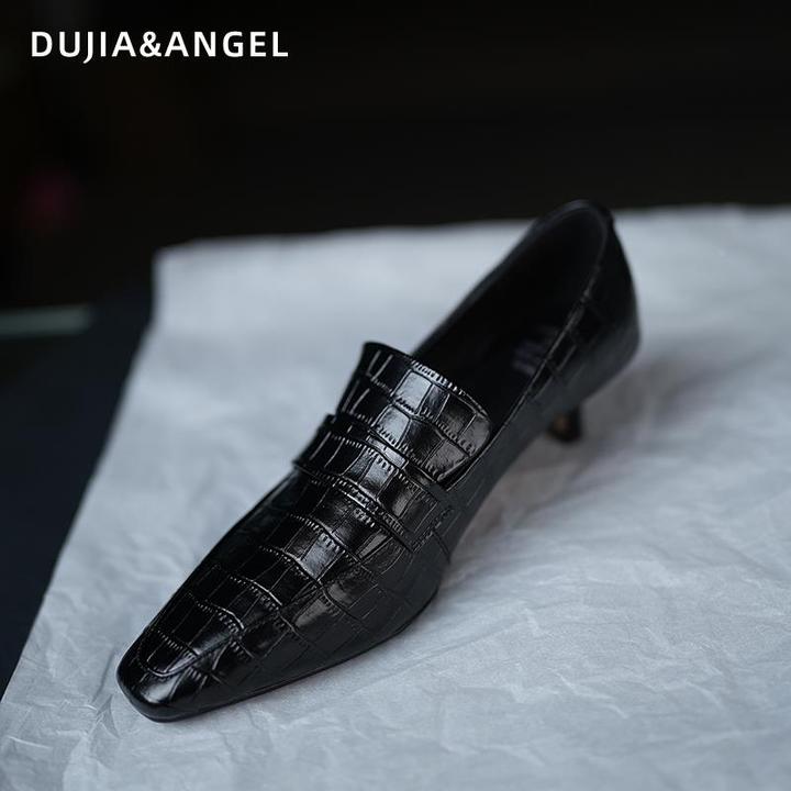 单鞋女2025新款春季鳄鱼皮方头乐福鞋情侣一脚蹬中跟英伦风小皮鞋