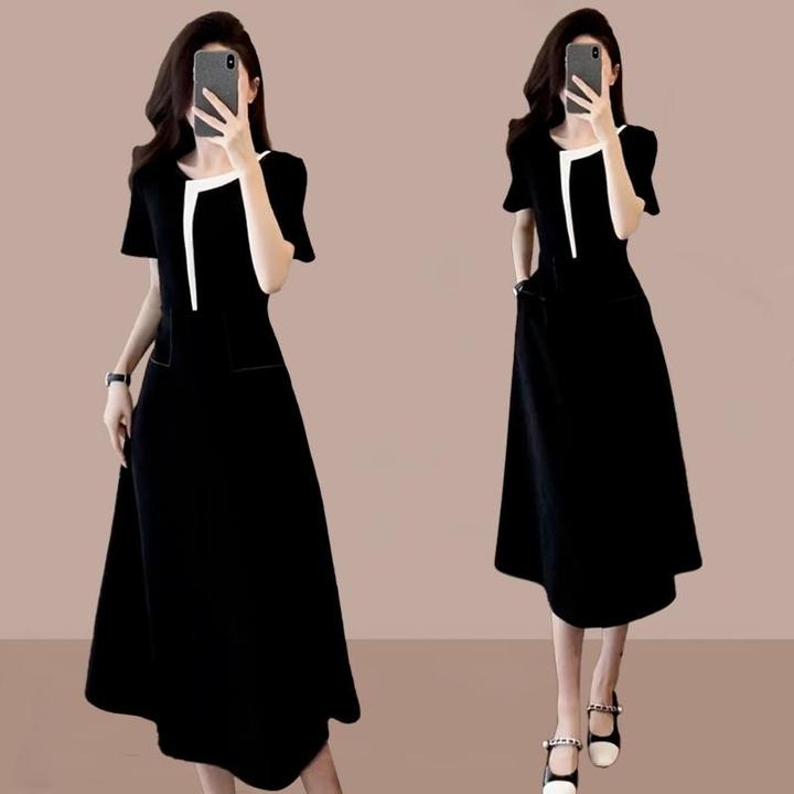 法式高级感气质减龄连衣裙女2025夏季新款收腰显瘦圆领中长款裙子