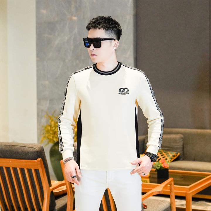 轻奢打底衫卫衣男款秋冬新款撞色织带圆领长袖卫衣帅气高端卫衣男