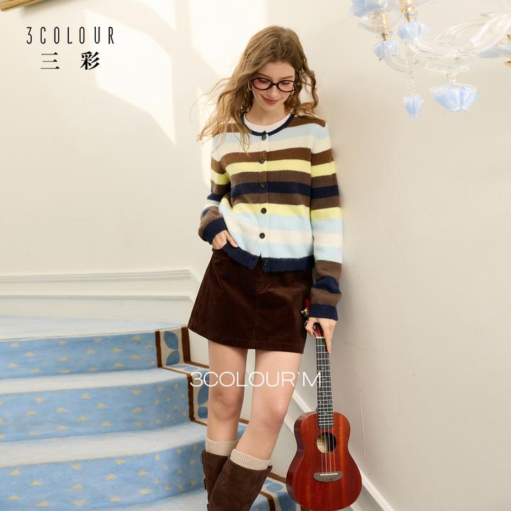 三彩2025冬季新款条纹针织衫圆领毛衫撞色开衫外套休闲M