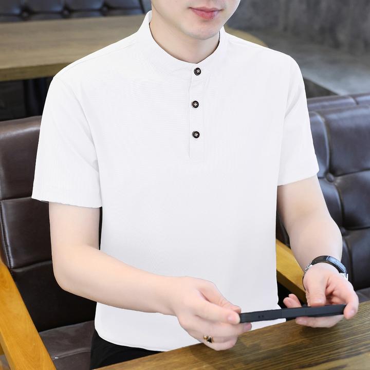 夏季短袖立领休闲立领短袖T恤薄款男装纯色宽松t恤中国风男士