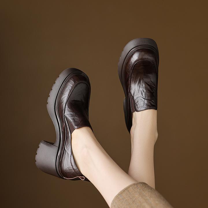 牛皮/10cm/秋季新款时尚百搭舒适真皮圆头粗跟增高跟厚底女单鞋