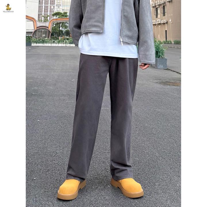 哑光雾霾灰水洗百搭通勤牛仔裤男宽松直筒微收长裤子