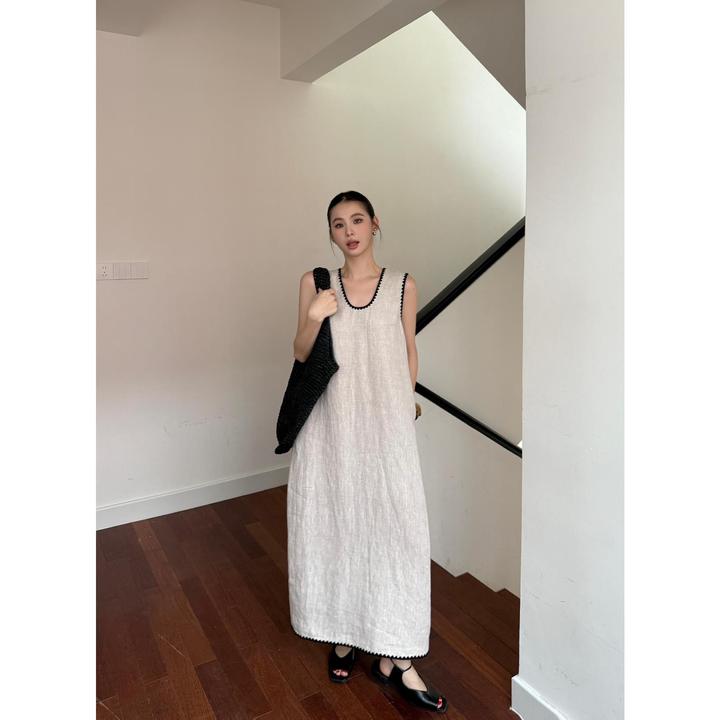 【row风高智】极简淡人穿搭 老钱风百搭U领100%亚麻背心连衣裙女