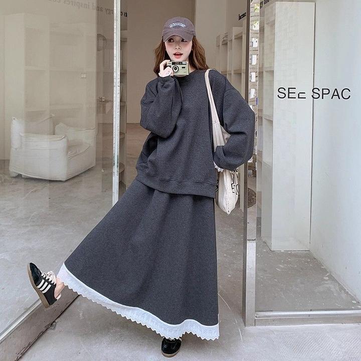 时尚衣橱~灰色运动套装秋冬2025新款设计感卫衣花边半身裙两件套