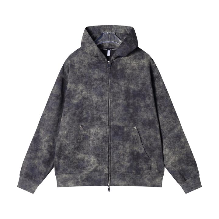 秋冬新款男士连帽拉链扎染废土风长袖百搭日常美式宽容卫衣潮奢