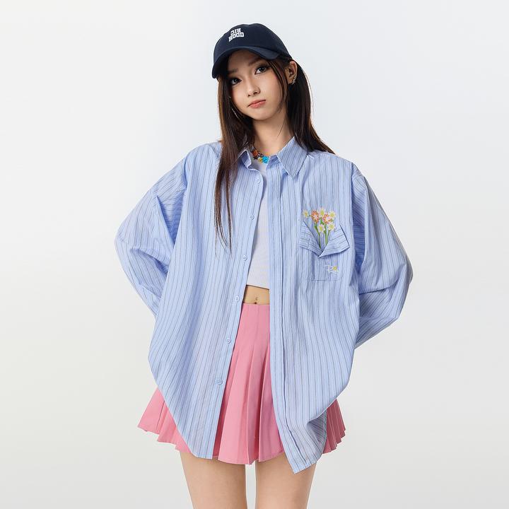 RickyIsClownRIC秋季口袋花瓶刺绣设计宽松慵懒防晒休闲条纹衬衫