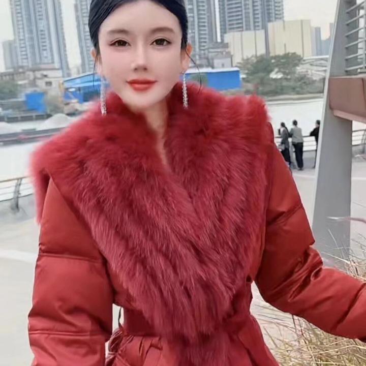 实拍现货2024冬季新款高端真狐狸毛袖收腰修身长款白鸭绒羽绒服