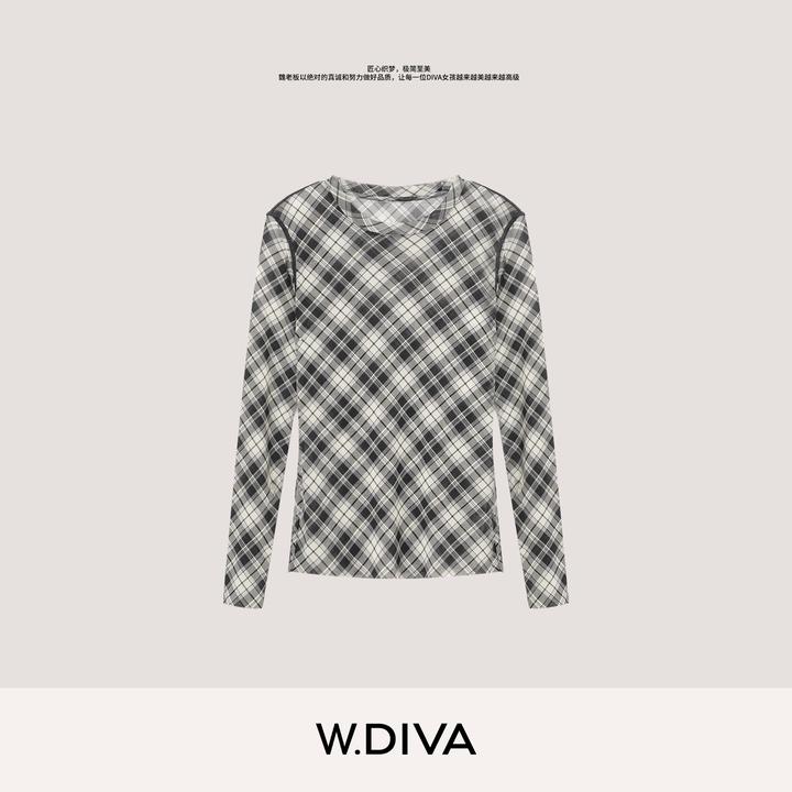 W.Diva【格纹遐想】进口面料高密弹力网纱菱格纹长袖小衫54T303266