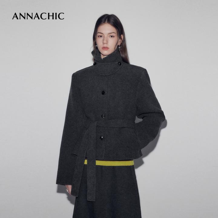 ANNACHIC博主造型_立领双面呢大衣秋冬/短款毛呢夹克羊毛呢子外套
