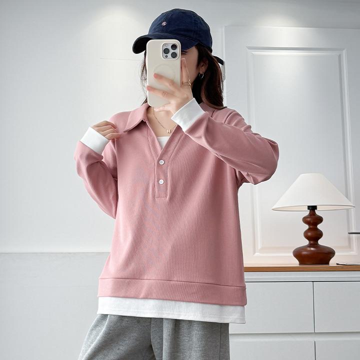 大码女装早秋新款时尚假两件T恤女宽松显瘦百搭胖mm洋气遮肉上衣