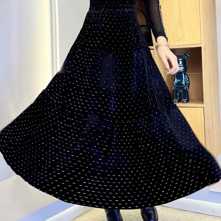 2025年新款秋冬时尚气质显瘦丝绒烫钻大摆半身裙
