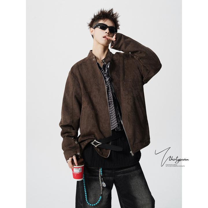 V37美式vintage麂皮绒立领外套男秋季重磅潮牌哈灵顿短款夹克上衣