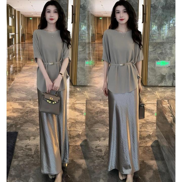 宽松上衣开叉半身裙两件套2025夏季新款时尚连衣裙套装女显瘦冰丝