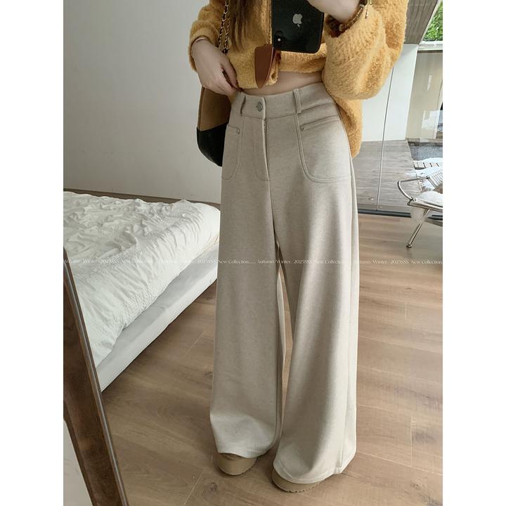 加绒加厚燕麦色呢子休闲裤女秋冬保暖高腰直筒裤子阔腿裤拖地长裤