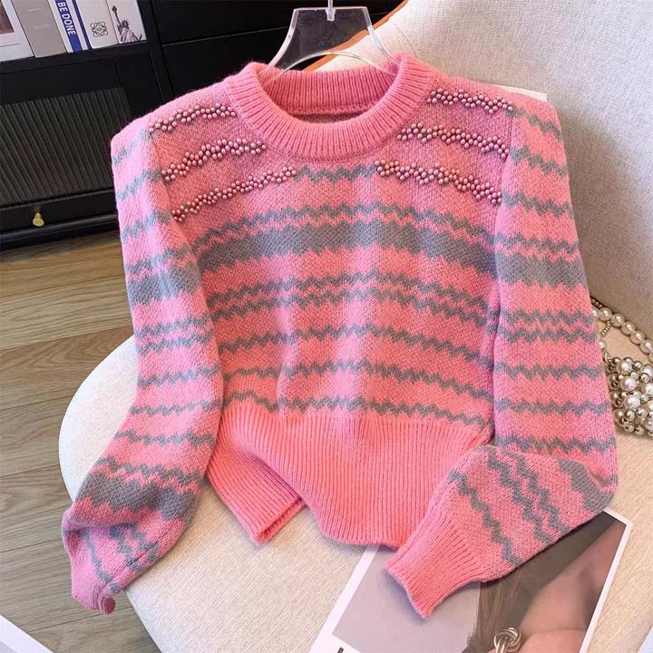 秋冬法式复古绿条纹撞色重工毛衣女设计感小众韩版宽松针织上衣