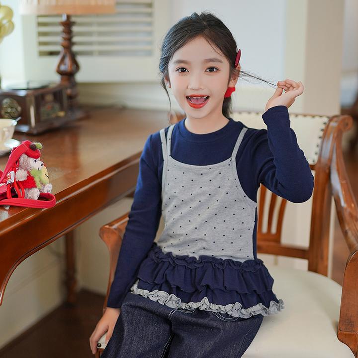 53380M女童假两件长袖T恤洋气甜美秋装2025新款儿童休闲阔腿裤子