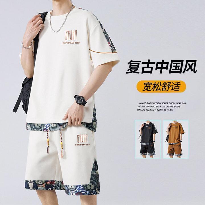 夏季新款复古中国风短袖套装男士拼接休闲运动宽松短袖短裤两件套