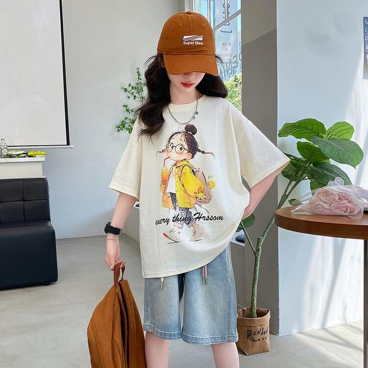 女童短袖T恤2025新款夏季大童洋气上衣儿童时髦牛仔短裤女孩夏装